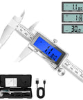 6 Inch Digital Caliper With Rechargeable Battery And Type C Charging Backlit LCD Screen Auto Off Inch mm Fraction Quick Conversion Stainless Steel Electronic Caliper for DIY Projects and Pro Grade Precision, displayed with measurement readings and accessories.