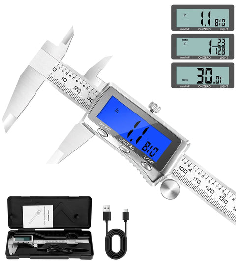 6 Inch Digital Caliper With Rechargeable Battery And Type C Charging Backlit LCD Screen Auto Off Inch mm Fraction Quick Conversion Stainless Steel Electronic Caliper for DIY Projects and Pro Grade Precision, displayed with measurement readings and accessories.