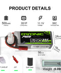 3S 11.1V 500mAh 35C LiPo Battery With JST Connector For RC Plane Helicopter Quadcopter FPV Racing Drone Two Pack Soft Case Included Compact 57 By 25 By 17mm Size Great For Long Lasting Power product details with specifications