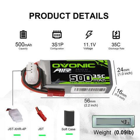 3S 11.1V 500mAh 35C LiPo Battery With JST Connector For RC Plane Helicopter Quadcopter FPV Racing Drone Two Pack Soft Case Included Compact 57 By 25 By 17mm Size Great For Long Lasting Power product details with specifications