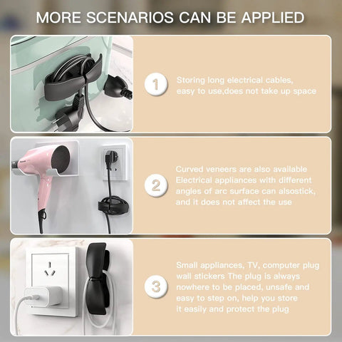 Diagram showing scenarios for Eight Pack Adhesive Cord Organizers, organizing cords on appliances, walls, and power outlets.