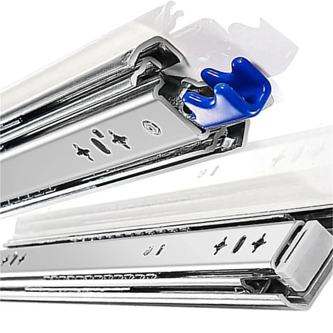 Heavy Duty Full Extension Drawer Slides Featuring A Secure Lock And Rock Solid Ball Bearings Built Tough For Kitchens Cabinets and Home Offices Handles 264 Pounds Total Load 38 Inch Length Per Pair close-up of steel ball bearing slide mechanism.