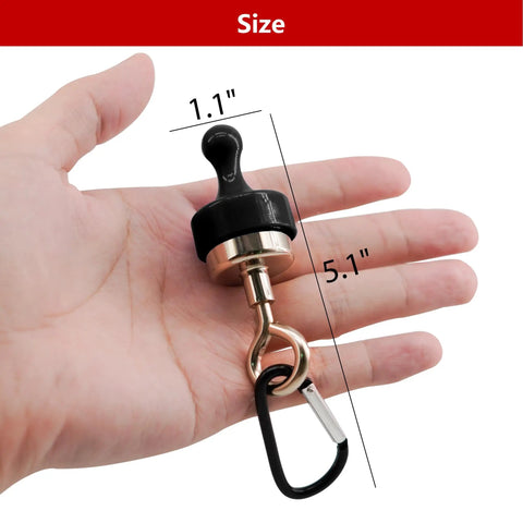 Hand holding Two Pack Heavy Magnetic Hooks For Outdoor Use with 15-pound capacity, showing compact size and black carabiner clip.