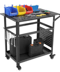 Top Shelf Welding Workbench, 36X24 Inch Steel Fabrication Table with tool bins and storage for garage projects.