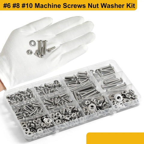 Rugged 360 Pcs Machine Screw And Nut Assortment Kit Featuring 304 Stainless Steel Phillips Pan Head Bolts in hand.