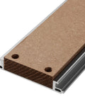 Close-up of Hybrid Aluminum And MDF Spoilboard Table edge showing T-track grid and replaceable MDF slat compatibility.