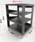 Killer 12U Open Frame 19 Inch Rack With Smooth Locking Casters And Dual Adjustable Shelves showing dimensions and structure.