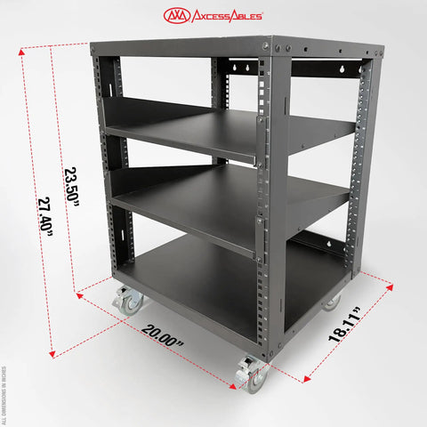 Killer 12U Open Frame 19 Inch Rack With Smooth Locking Casters And Dual Adjustable Shelves showing dimensions and structure.
