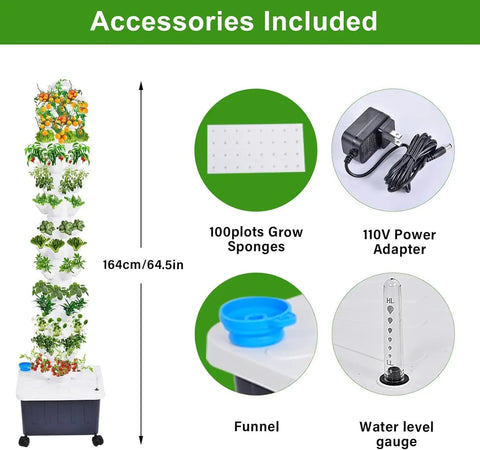 14 Layer Vertical Hydroponic Garden System Kit With 70 Slots And A 20L Water Tank And Pump showing accessories and dimensions