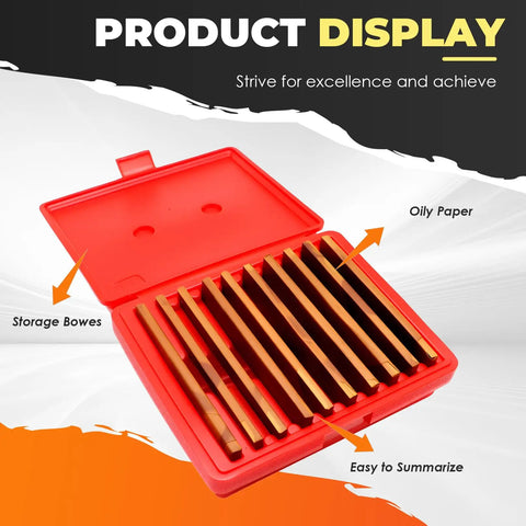 Ten Pairs One Eighth Inch By Six Inch Precision Parallel Steel Sets For Machinists Pro Grade Quality With Ultra Tight Plus Or Minus Two Ten Thousandths Inch Accuracy From Half Inch To One And Five Eighths Inch in red storage case