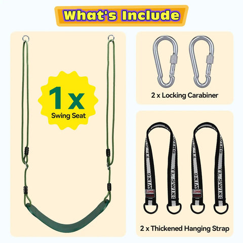 Image showing Heavy Duty Kids Swing Seat With 79 Inch Adjustable Rope And 330 Lbs Capacity, includes 2 carabiners and straps