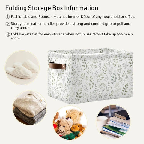 Built Different Grey Leafy Vines Canvas Storage Baskets With Double Stitched Handles, 14.2L x 10.2W x 8.3H, versatile for organizing.