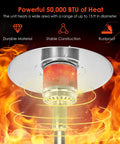 Heavy Duty 50,000 BTU Propane Patio Heater for Outdoors with steel heat lamp ignited, 32-inch reflector, flames visible.