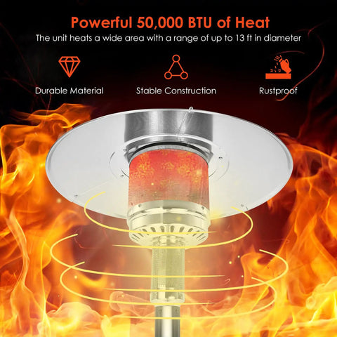 Heavy Duty 50,000 BTU Propane Patio Heater for Outdoors with steel heat lamp ignited, 32-inch reflector, flames visible.