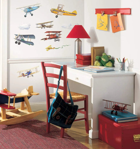 Vintage Planes Peel And Stick Wall Decals Set Of 22 With Easy Peel And Stick Application Removable And Repositionable On Any Smooth Surface Made In USA Wall Decor for kids room with desk
