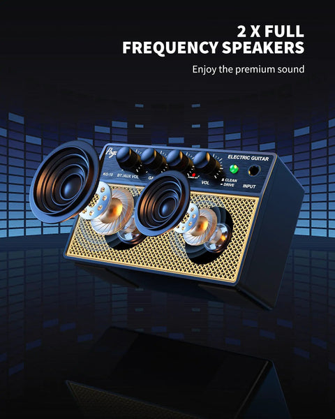 Mini 10W Rechargeable Guitar Amp With Bluetooth For Electric Guitars Two Tone Channels featuring dual full range speakers