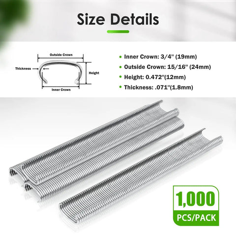 Top Shelf Galvanized Hog Rings 15 Gauge Three Quarter Inch Crown 1000 Piece Pack dimensions, showing height and thickness measurements.