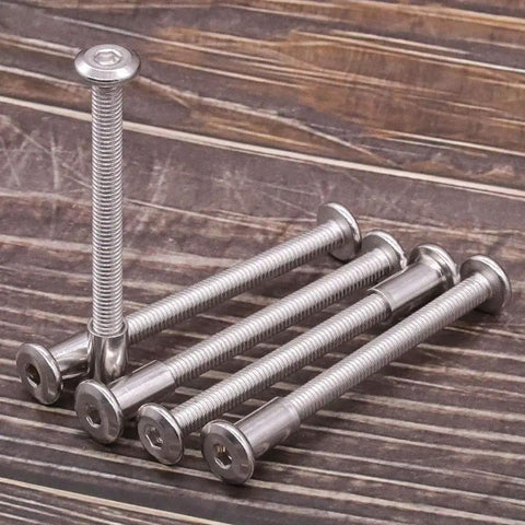 M6 X 50MM Furniture Screws With Barrel Nuts Kit 304 Stainless Steel heavy duty screws with hex drive, showing full thread and coarse pitch.