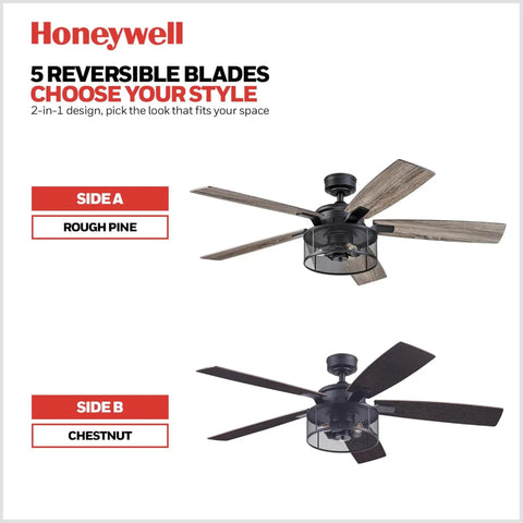 Carnegie Industrial 52 Inch Ceiling Fan With Remote And LED Light, gray pine and brown chestnut reversible blades, indoor use.