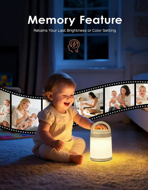 Baby playing with Colorful Baby Night Light For Nursery And Kids Room With 10 Colors And 8 Dimmable Levels, highlighting memory feature.