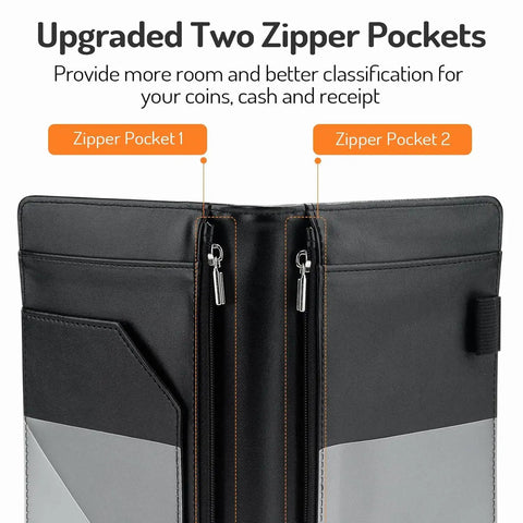 Premium Leather Server Book With Dual Zipper Pockets For Waitress And Bartender showing interior with two zipper pockets for cash and receipts.