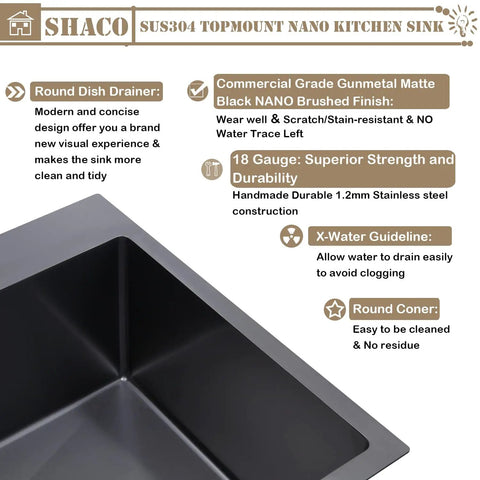 Close-up of gunmetal black drop-in bar sink for small kitchens and RVs, showing 10 inch deep bowl and top-mount installation details
