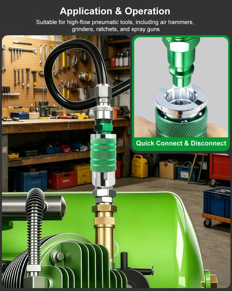 Heavy Duty One Half Inch Air Hose Fittings Kit With Quick Connect Coupler And Plugs, 300 PSI Industrial Iron, High Flow Set For Pneumatic Tools And Air Compressors, Built To Last, Includes Teflon Tape For Easy Install. Installed on air compressor