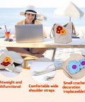 Woman using laptop next to a Beginner Crochet Bag Kit Complete Starter Set With Yarn, Hooks, Tools And Step By Step Video Tutorials For DIY Tote Bag Crafting Beige Gift For Adults bag on a table
