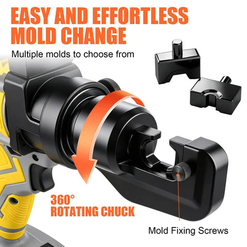 Battery Powered Hydraulic Crimping Tool With 8 Ton Force, Sick Electric Cable Crimper Kit featuring 360° rotating chuck for easy mold change.