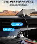Starlink Mini Car Power Adapter And 12V To 24V To 30V Dc Step Up Converter with dual USB ports in a car dashboard.