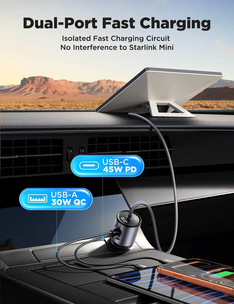 Starlink Mini Car Power Adapter And 12V To 24V To 30V Dc Step Up Converter with dual USB ports in a car dashboard.