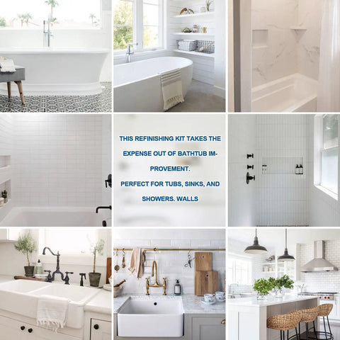 Collage showcasing DIY Tub And Tile Refinishing Kit usage for various tubs, sinks, and tiles in home renovation projects.
