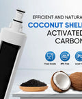 EveryDrop 5 Compatible Refrigerator Water Filter Replacement with opened coconut shells and activated carbon showing filtration