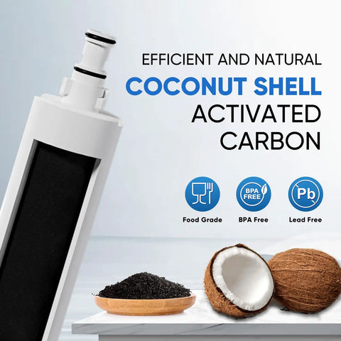 EveryDrop 5 Compatible Refrigerator Water Filter Replacement with opened coconut shells and activated carbon showing filtration