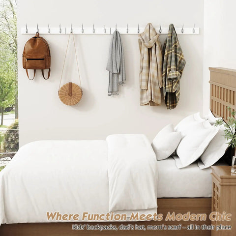 White Wall Mount Coat Rack 4 Pack With 16 Hooks The Go To Key Holder And Bag Hanger For Closet Hats Belts Purses Backpacks Leashes Space Saving Wall Organizer For Home And Hallway shown above a bed with accessories hanging on it