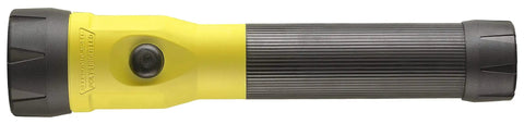 PolyStinger LED Flashlight With DC Charger And Piggyback Holder, Yellow, showing rugged nylon polymer build and non-slip grip.