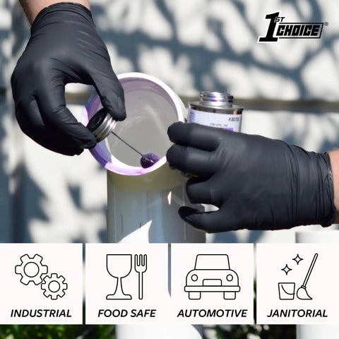 Person using Top Shelf Black Nitrile Gloves With Five Mil Protection For Kitchen And Garage Grind featuring latex free material.
