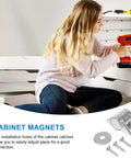 Woman using a drill for installing 4 Pack Magnetic Cabinet Door Catches Heavy Duty Push Latch for Closets Wardrobes Cupboards.