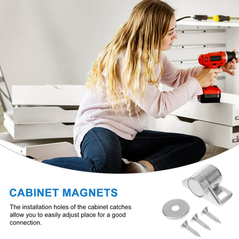 Woman using a drill for installing 4 Pack Magnetic Cabinet Door Catches Heavy Duty Push Latch for Closets Wardrobes Cupboards.