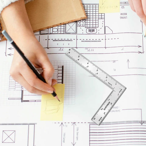 Real Deal Stainless Steel L Square Framing Ruler 4 By 6 Inch 90 Degree Layout Tool on architectural plans with hand drawing