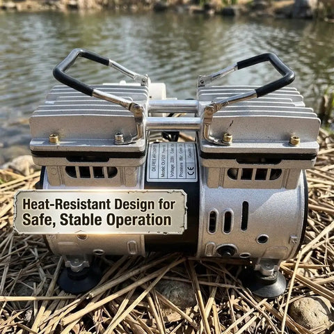 550W Silent Oilless Vacuum Air Pump With Aluminum Alloy Build. Industrial Piston High Flow Compressor Head For Laminating, Dental Tables And Large Pond Aeration. Rust Proof Design Ensures Long Lasting Performance For Heavy Duty Equipment Needs