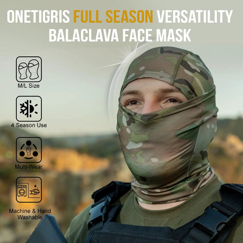 Person wearing Unisex Balaclava Face Mask And Neck Gaiter For Outdoor Adventures Full Head Wrap Cooling Tactical Hood Open Balaclava Scarf Saharan Style fits 56 to 59 cm head circumference with camo pattern in outdoor setting.