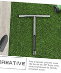 Stainless Steel T Handle Soil Sampler Probe For Lawn And Garden Pro Grade Durable Tool on grass with shovel, easy 90-degree use.