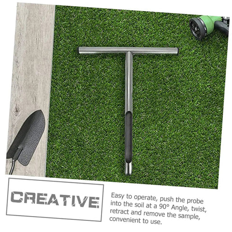 Stainless Steel T Handle Soil Sampler Probe For Lawn And Garden Pro Grade Durable Tool on grass with shovel, easy 90-degree use.