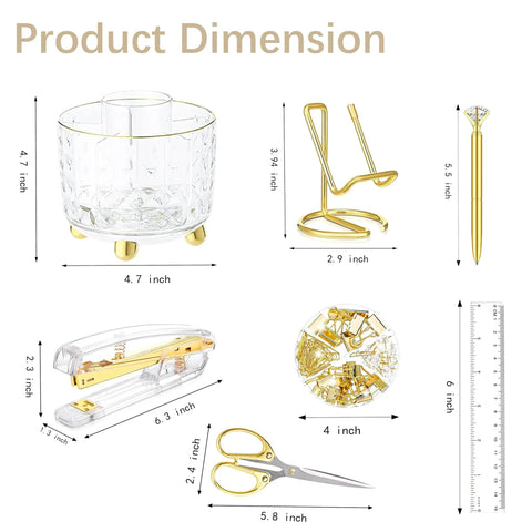 Dimensions of 11 Piece Gold Desk Accessories Set For Office And Home, Sleek Acrylic Organizer Kit with stapler, pen, holder.