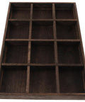Super Sweet Handcrafted Vintage Wooden Jewelry Tray With Twelve Separate Slots For Stashing Rings And Beads Rustic Pine Display Plate Desk Bling Organizer, top view of dark wood