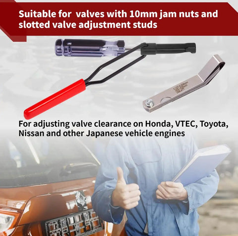 Pro Grade All In One Valve Adjustment Tool Set For 10mm Jam Nut With Angled Feeler Gauge shown with Japanese engine