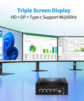 Hella Quiet Firewall Appliance Mini Pc With Intel J6413 Processor And Completely Fanless Build For Plug And Play Home Lab Networking 5 X 2.5GbE Ethernet Ports Opnsense Ready Barebone Rig Triple Screen Support And Badass Security Gateway with three monitors displaying various data.