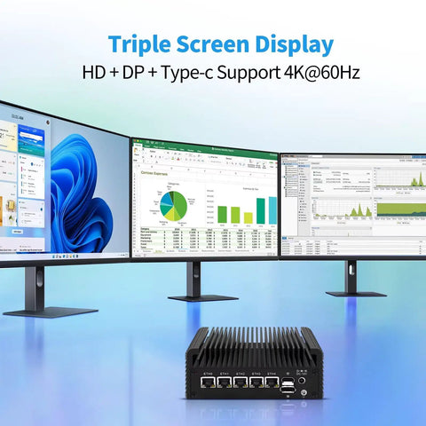 Hella Quiet Firewall Appliance Mini Pc With Intel J6413 Processor And Completely Fanless Build For Plug And Play Home Lab Networking 5 X 2.5GbE Ethernet Ports Opnsense Ready Barebone Rig Triple Screen Support And Badass Security Gateway with three monitors displaying various data.