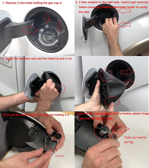 Steps showing installation of Durable Fuel Door Hinge Pin With Gas Door Spring For 2009 2014 Ford F150 And 2010 2014 Lincoln Mark LT Permanent Gas Cap Repair Kit Metal Durable Kit For Lasting Seal And Easy Install